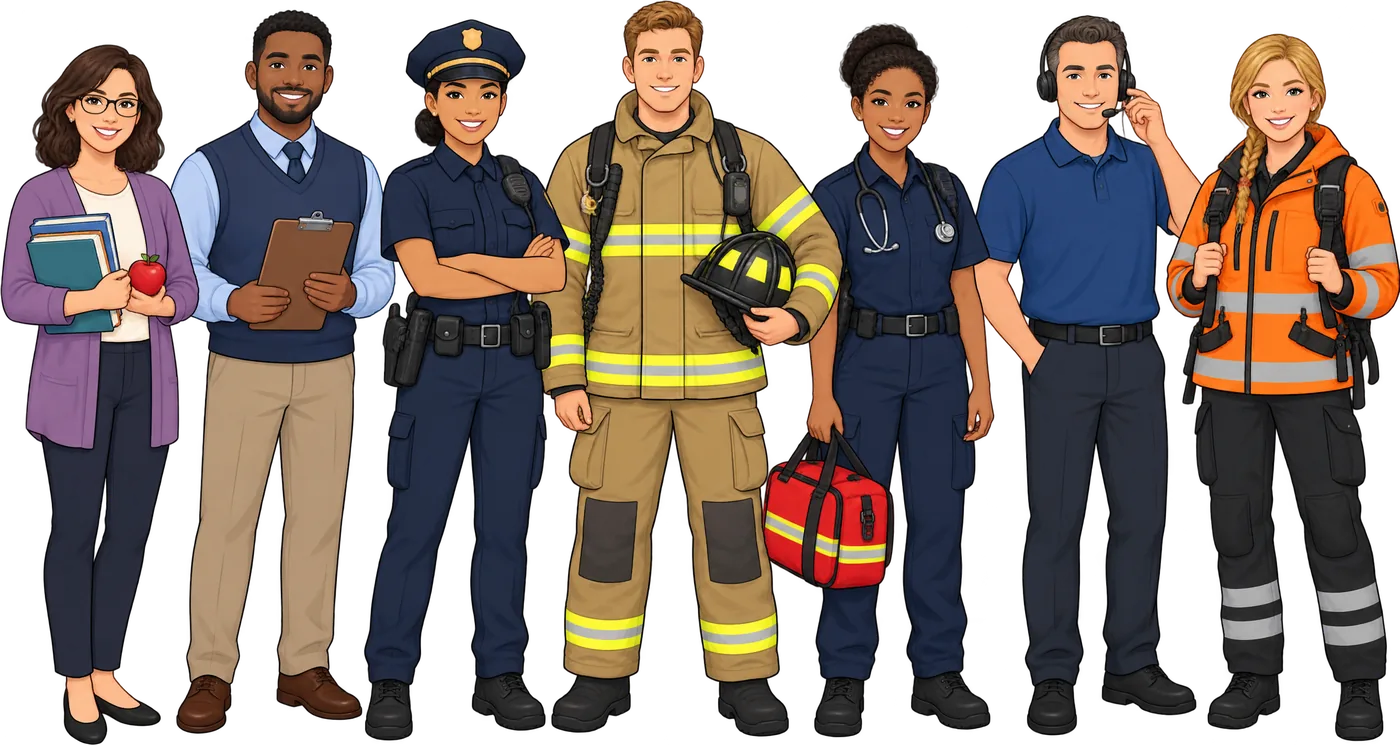 Illustration of Maryland teachers, a school counselor, police officer, firefighter, paramedic, 9-1-1 dispatcher and rescue squad member standing together