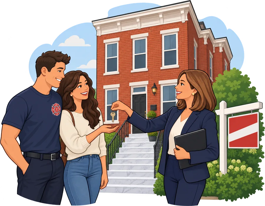Illustration of a firefighter and his partner receiving the keys to a Baltimore rowhouse