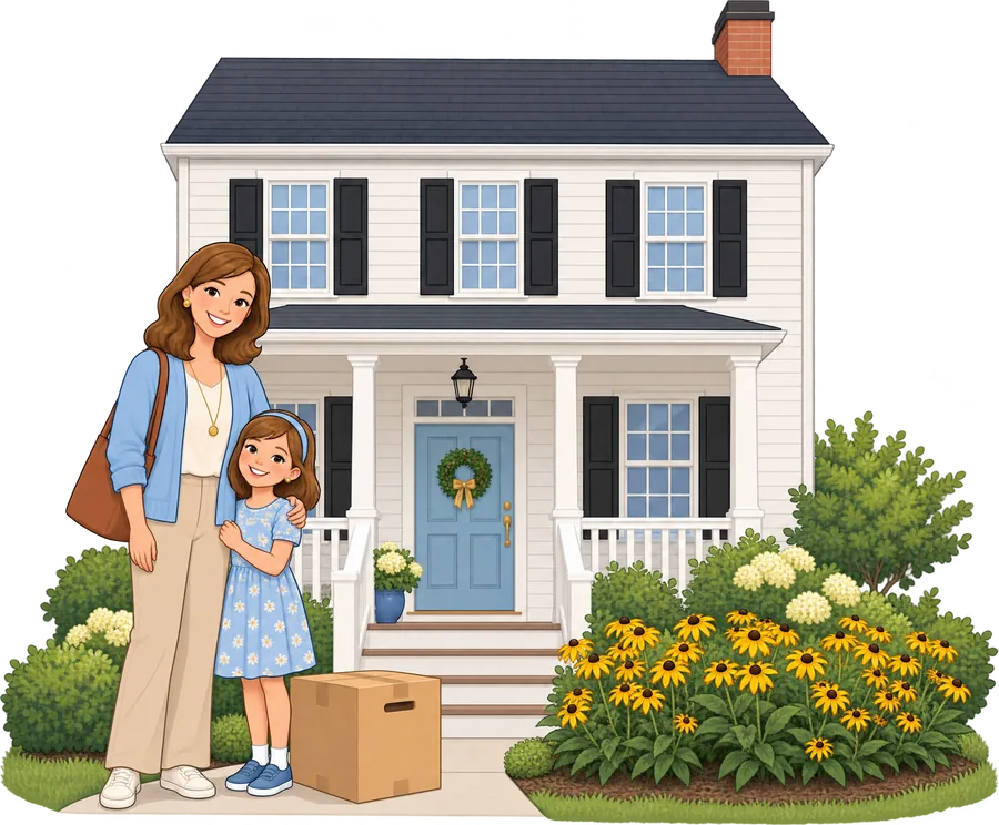 Illustration of a teacher and her daughter in front of their new colonial home with a Black-eyed Susan garden